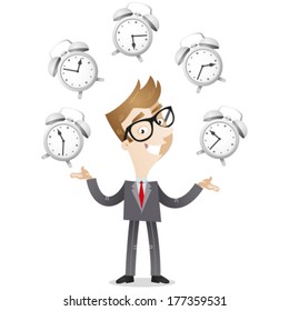 Vector illustration of a smiling cartoon businessman juggling with alarm clocks, symbolizing time management.