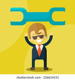 Vector illustration of a smiling cartoon businessman with a huge wrench in his hands. eps 10