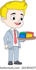 Ilustração vetorial de um homem de negócios de desenhos animados sorridente com cabelo loiro em terno e gravata vermelha, segurando um gráfico colorido de torta 3D em uma bandeja
