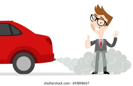 Vector illustration of smiling cartoon businessman giving thumbs up standing next to car in exhaust gases