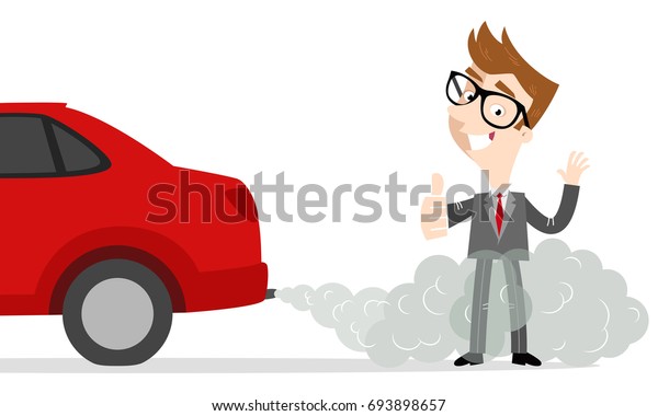 排ガス中の車の横に立っている親指を上げる漫画家の笑顔のベクターイラスト のベクター画像素材 ロイヤリティフリー