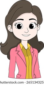 Ilustração vetorial de uma personagem sorridente de uma empresária de desenho animado vestindo um blazer rosa e camisa amarela