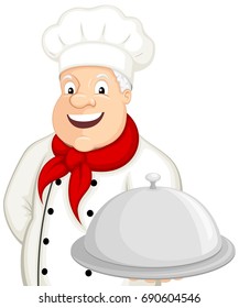 Vector illustration of a smiling cartoon chef presenting a silver platter.