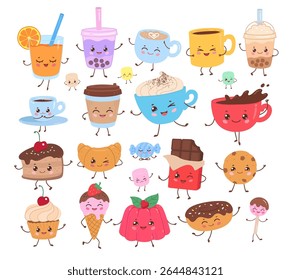 Vector illustration of smiling cartoon desserts and beverages —  cups, cakes, donuts, cookies  and more, each with tiny arms, legs and expressive faces. Flat isolated collection.