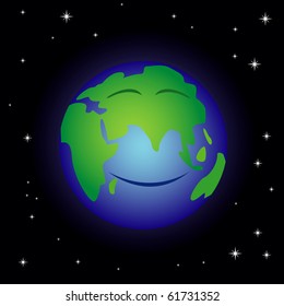 Vector illustration of smiling cartoon Earth in the space