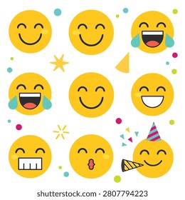 Vector illustration of smiling cartoon faces showing different joyful expressions and emotions
