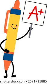 Vector illustration of a smiling cartoon pen character holding an A+ sign. Perfect for educational materials, school promotions, and academic achievement concepts