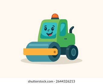 Vector illustration of a smiling cartoon steamroller in green color. Fun construction vehicle for children’s learning materials, preschool games, and educational design projects.