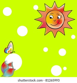 Vector illustration of smiling cartoon sun in the sky