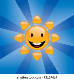 Vector illustration of smiling cartoon sun with rays in the sky