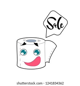 Vector illustration, smiling cartoon toilet paper character and sale hand drawn lettering. Applicable for promotion banners, flyers, brochures, webpages etc. Can be used for sale announcement .