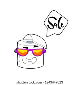 Vector illustration, smiling cartoon toilet paper character and sale hand drawn lettering. Applicable for promotion banners, flyers, brochures, webpages etc. Can be used for sale announcement .