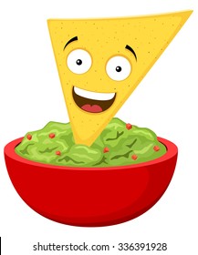 Vector illustration of a smiling cartoon tortilla chip and a bowl of guacamole.