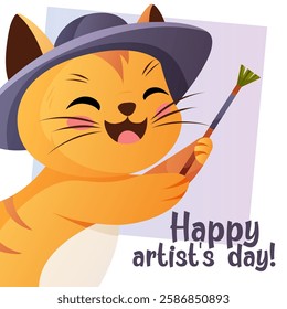 Vector illustration of a smiling cat in a hat holding a brush. A greeting card for Artist’s Day, perfect for creative people  
