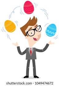Vector illustration of a smiling caucasian cartoon businessman juggling colorful easter eggs isolated on white background
