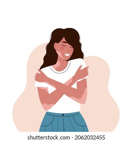 Vector illustration of smiling caucasian girl with vitiligo. World Vitiligo Day. Another kind of beauty. Love yourself, accept your body. White background.