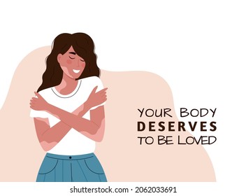 Vector illustration of smiling caucasian girl with vitiligo. World Vitiligo Day. Another kind of beauty. Love yourself, accept your body. Banner for international Vitiligo Day. White background.