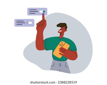 Vector Illustration of Smiling Character Floating and Pressing a Button with Tablet in Hand