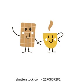 Vector illustration with smiling characters. Concept with chocolate bar and coffee cup.