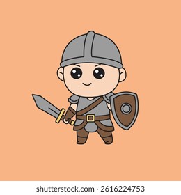 Vector illustration Smiling chibi warrior in simple gray armor holding a sword and shield, ready for adventure