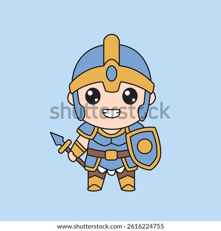 Vector illustration Smiling chibi warrior in blue and gold armor holding a spear and shield, ready for battle
