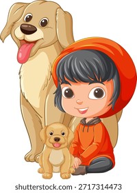 Ilustración vectorial de un niño sonriente en una sudadera con capucha roja sentada junto a un Grande golden retriever y un cachorro de oro, con fondo blanco limpio