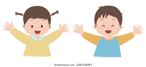Vector illustration of a smiling child who is happy to raise his hand, the upper body of a boy and a girl