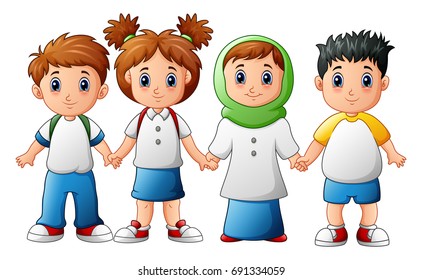 Vector illustration of Smiling children holding hands together