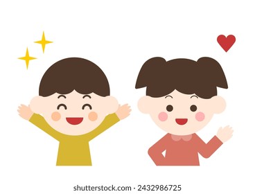 Vector illustration of smiling children. Two happy people. Boy who is happy with his hands raised. Girl who smiles with 