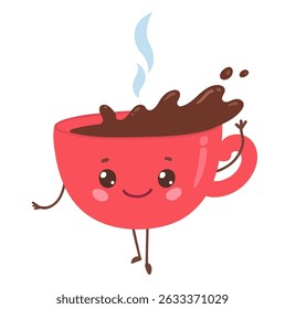 Vector illustration of a smiling coffee cup with splash and steam. Fun and playful flat design, isolated on white.