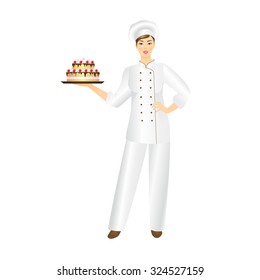 Vector illustration of smiling confectioner  with a fresh cake.