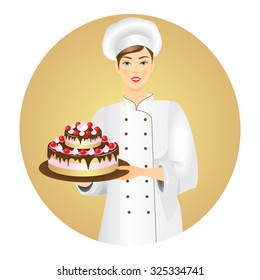 Vector illustration of smiling confectioner  with a fresh cake.
