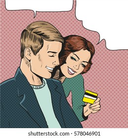 Vector illustration of smiling couple in retro pop art comic style. Woman holding credit card and showing it to her companion. Speech bubbles.