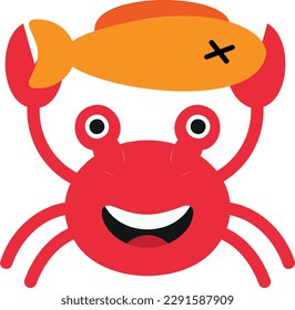 Vector illustration of a smiling crab holding a fish.