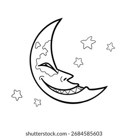 Ilustración vectorial de una luna creciente sonriente aislada en un fondo blanco. Diseño de página de libro para colorear de Halloween