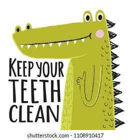 Vector illustration with smiling crocodile and lettering text - Keep your teeth clean