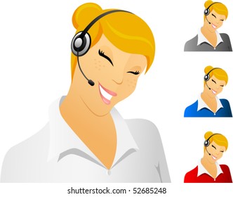 vector illustration of smiling customer service representative with different shirts color versions ( white, gray, blue, red)