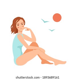 Vector illustration of smiling cute girl in light blue swimsuit sitting and sunbathing.