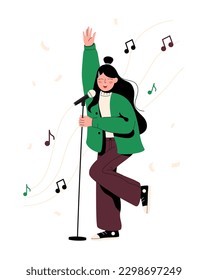 Vector illustration of a smiling cute girl who dances and sings, musical notes are located around. A character in stylish clothes actively performs on stage. Eurovision concept, music competitions. 