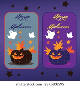 Vector illustration of smiling cute pumpkin face lantern and ghosts, editable label poster template