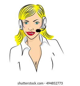 Vector illustration of smiling cute woman working as telephone operator