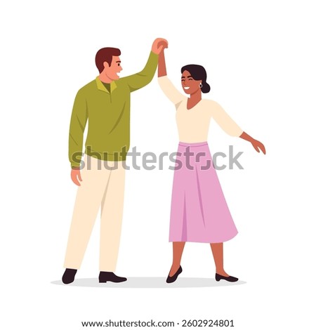 Vector illustration of a smiling dancing couple. Cartoon scene of a light-skinned guy in a shirt, pants and a dark-skinned girl in a T-shirt, skirt, dancing,holding hands isolated on white background.