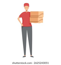 Vector illustration of a smiling delivery worker in a red uniform holding a stack of packages