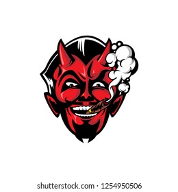 VECTOR ILLUSTRATION SMILING DEVIL HEAD WITH CIGAR AND SMOKE