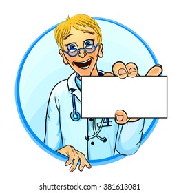 Vector illustration of a smiling doctor holding blank card in his hand. Mock up for your text. Comic cartoon style.