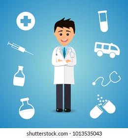 Vector illustration, smiling doctor isolated on blue background and set of medical icons around  