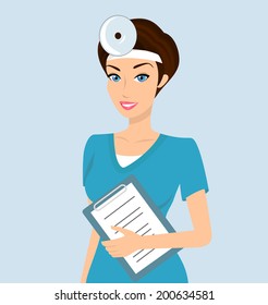 Vector illustration of smiling doctor otolaryngologist with a folder in her left hand. 