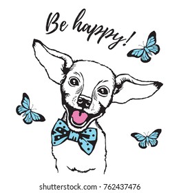 Vector illustration of a smiling dog. Flying butterfly. Be happy.