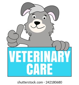 Vector illustration. Smiling dog with a raised finger up advertises veterinary care
