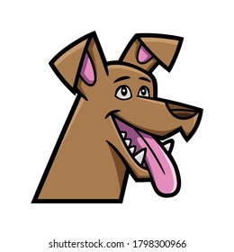 Vector illustration of a smiling dog's head, with its tongue hanging out. The character has cartoon style and is drawing with simple black lines and brown color. Usable as logo or graphic element.